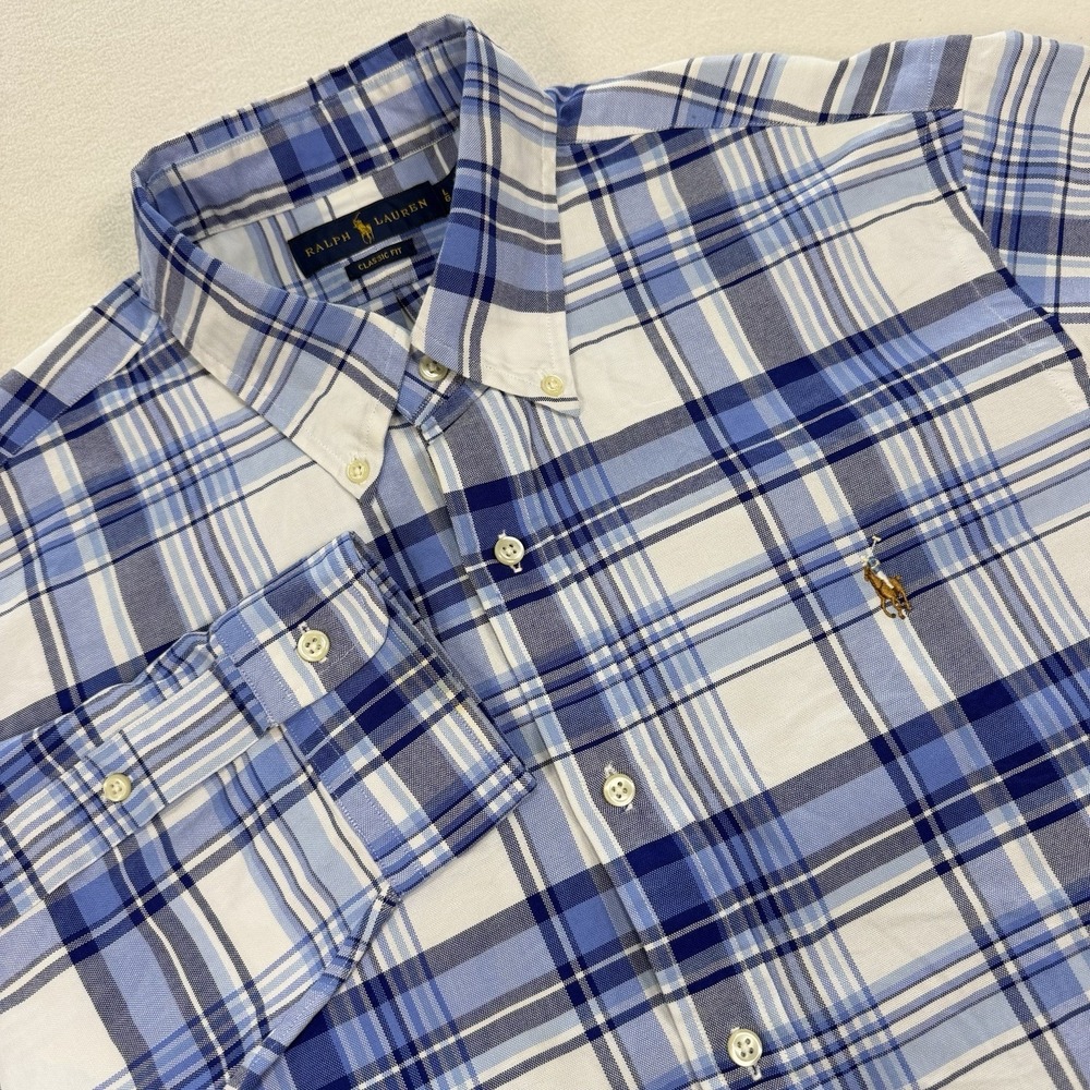 Polo Ralph Lauren Men's Large Blue White Plaid Long Sleeve Button Down Shirt